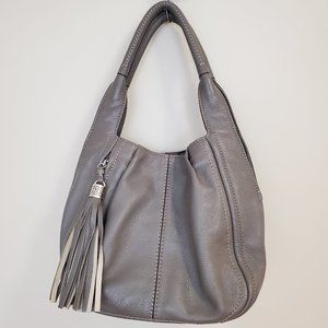Brighton 2 handle shoulder Purse Satchel Hobo Bag Taupe Leather Tassel Zipper